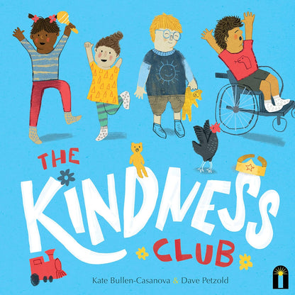 Book cover of 'The Kindness Club' with illustrations of children and a chicken on a blue background.