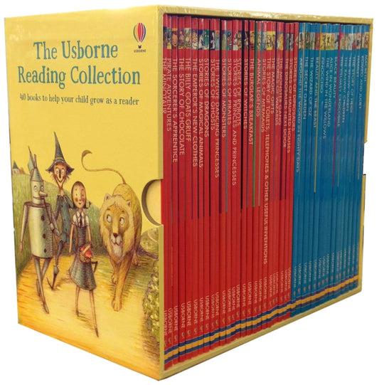 Usborne Reading Collection with colorful book spines on a yellow box