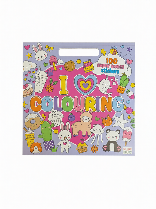 Kawaii sticker activity book with 'I love colouring' text and various illustrations on a purple background