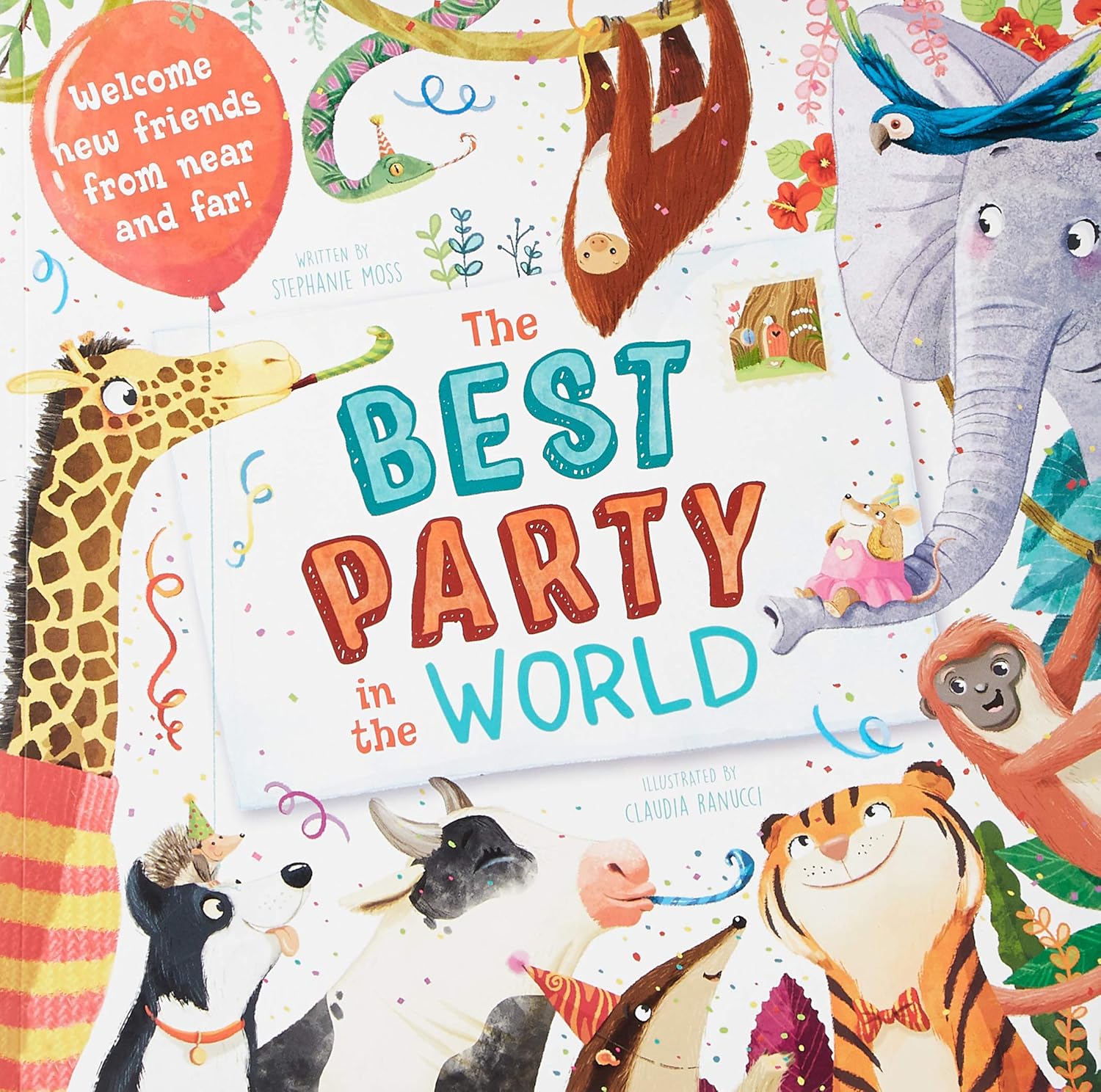 Book cover of 'The Best Party in the World' with colorful illustrations of animals and party elements.