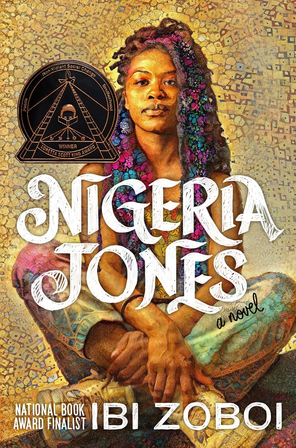 Book cover of 'Nigeria Jones' by Ibi Zoboi featuring a woman with colorful hair.