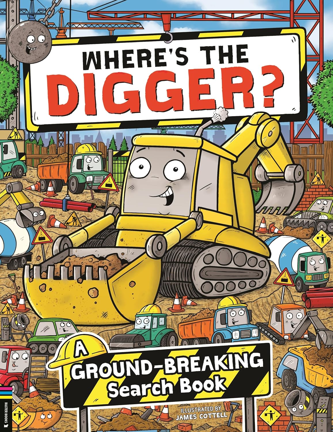 Book cover of 'Where's the Digger?' with a cartoon excavator and construction scene.