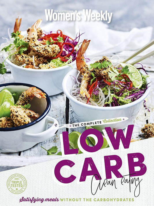 Cookbook cover for 'Low Carb' collection by Women's Weekly with images of shrimp dishes.