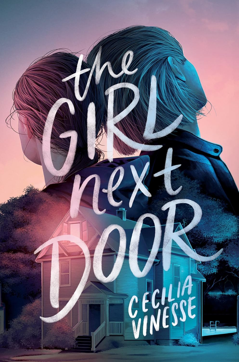 Book cover of 'The Girl Next Door' by Cecilia Vinesse with a stylized illustration of a girl and a house.