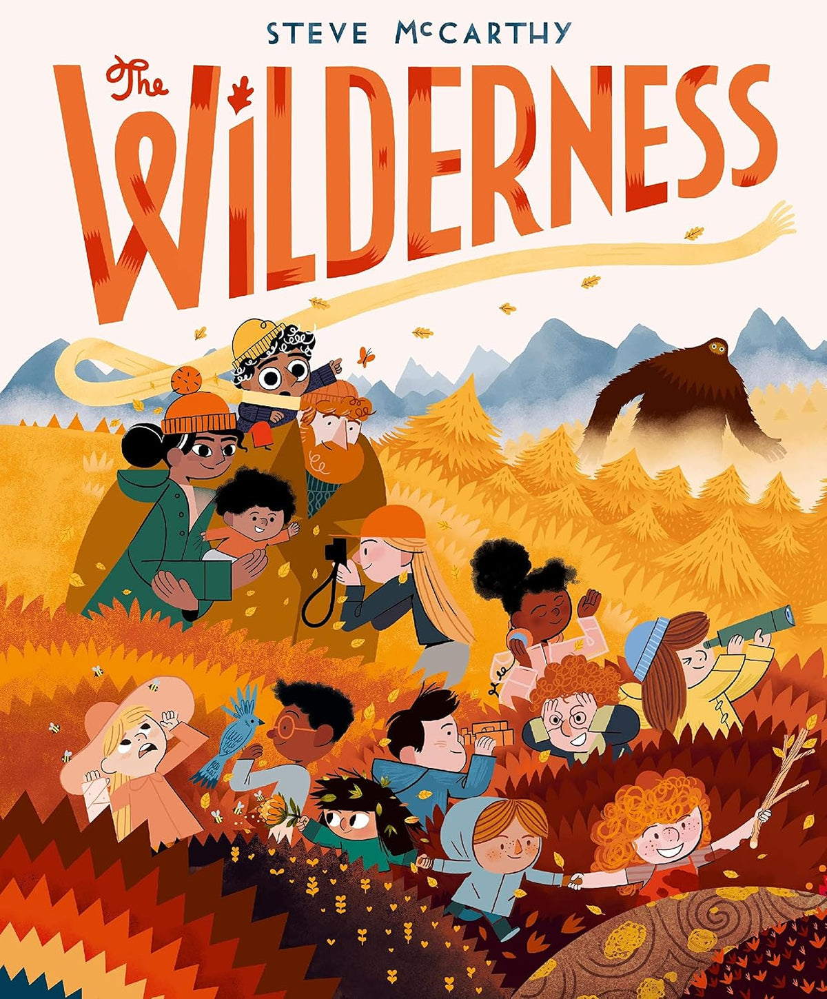 Illustrated book cover for 'The Wilderness' by Steve McCarthy, featuring a group of children outdoors in an autumn landscape with mountains, trees, and a bear in the background.