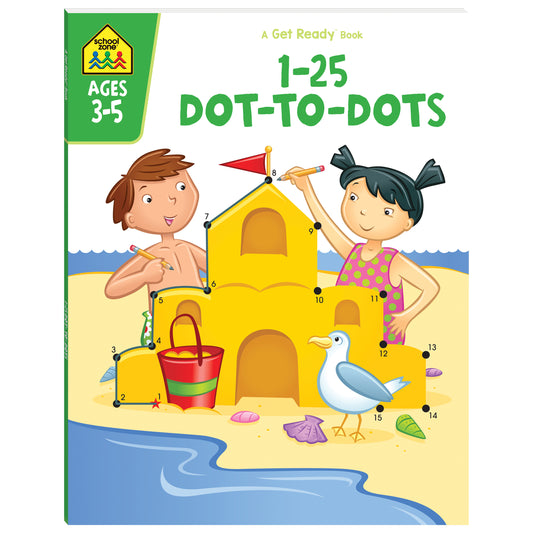 Children's book titled '1-25 Dot-to-Dots' with illustrations of children building a sandcastle on a beach.