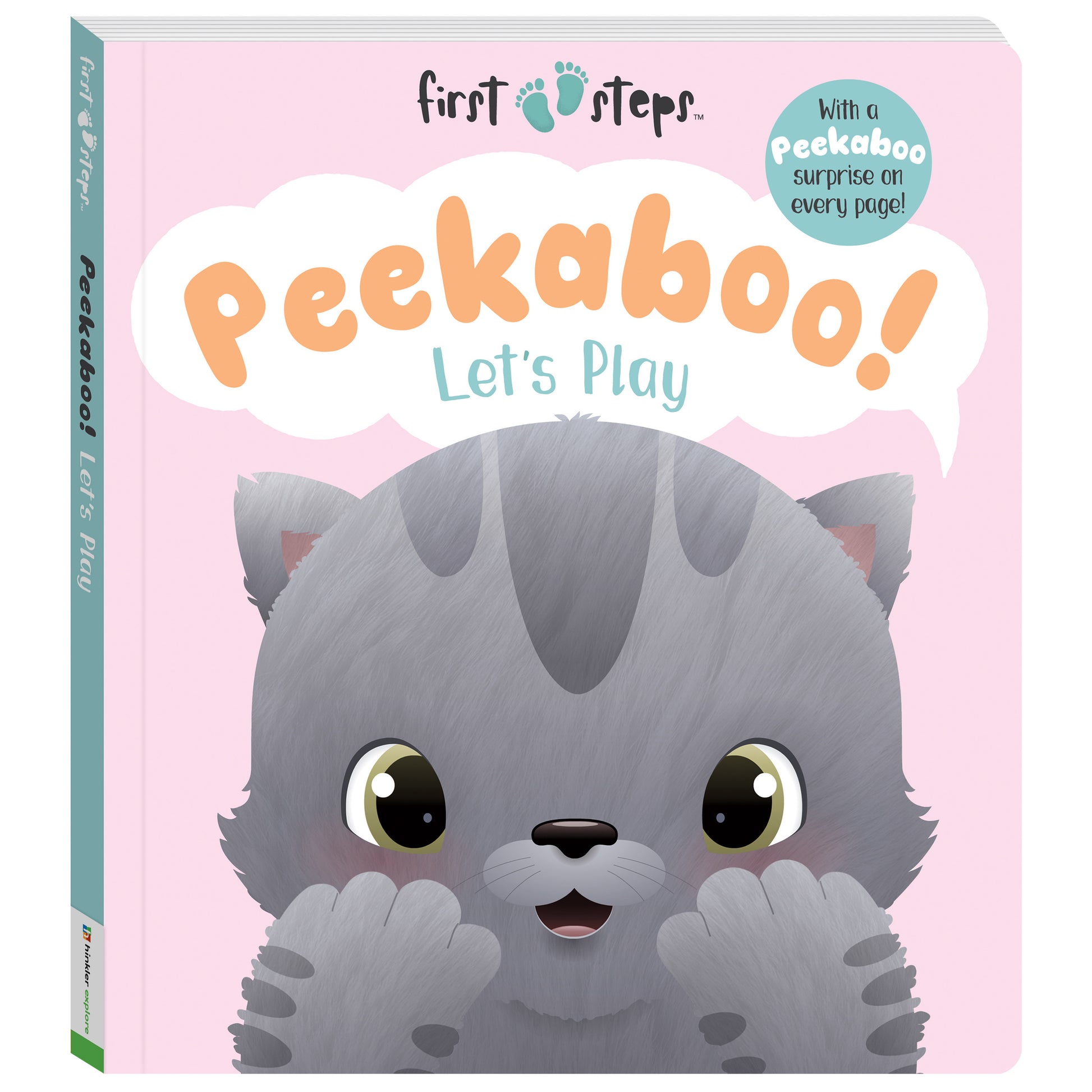 Children's book titled 'Peekaboo! Let's Play' with a cat illustration on a pink background.
