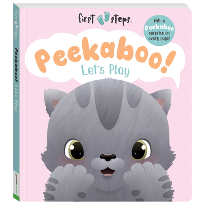 Children's book titled 'Peekaboo! Let's Play' with a cat illustration on a pink background.
