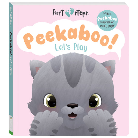 Children's book titled 'Peekaboo! Let's Play' with a cat illustration on a pink background.