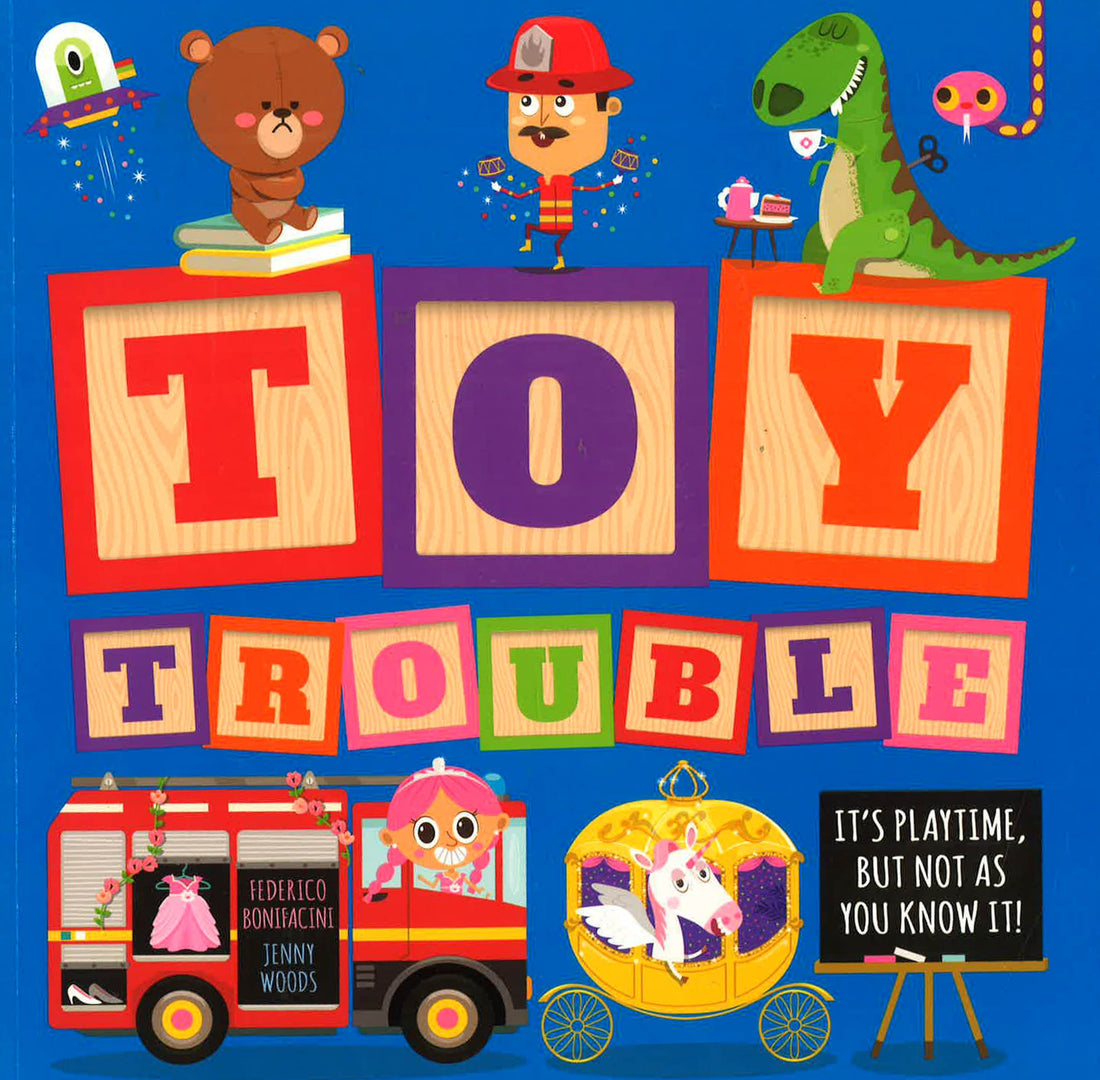 Book cover of 'Toy Trouble' with colorful toy characters and blocks on a blue background