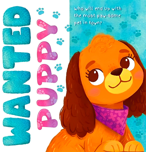 Book cover of 'Wanted Puppy' with a cartoon dog and colorful text on a blue background.