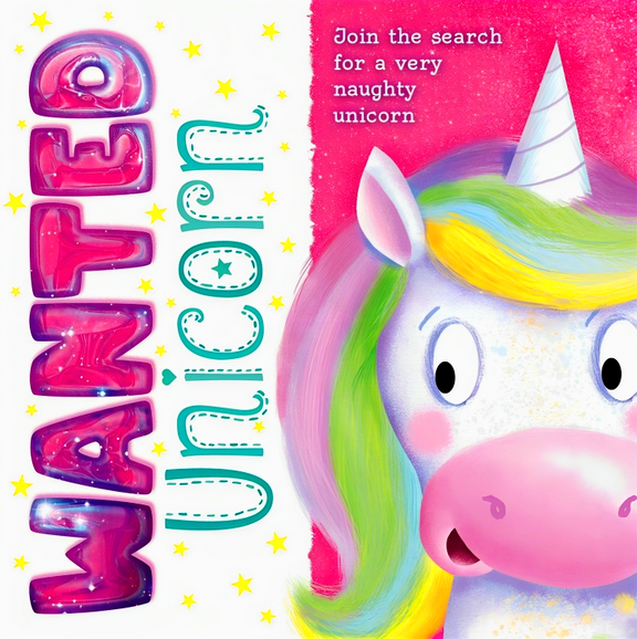 Book cover with a colorful unicorn illustration and text 'WANTED Unicorn'.