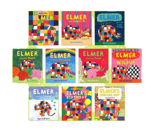 Cover of 'Elmer' book collection with colorful illustrations on a green background
