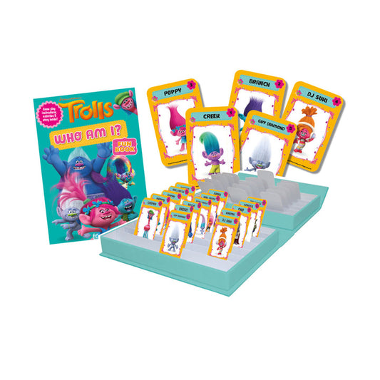 Trolls 'Who Am I?' game set with cards and a book on a white background