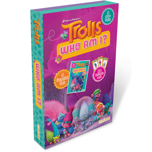Trolls 'Who Am I?' game box with colorful design on a white background