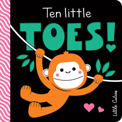 Book cover of 'Ten little toes!' with a monkey illustration on a black background.