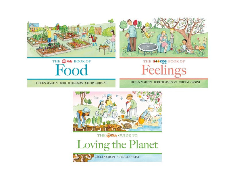 Three children's book covers arranged on a white background: 'The Kids Book of Food,' 'The Books Book of Feelings,' and 'The Kids Guide to Loving the Planet.' Each cover features colorful illustrated scenes with people and outdoor activities.