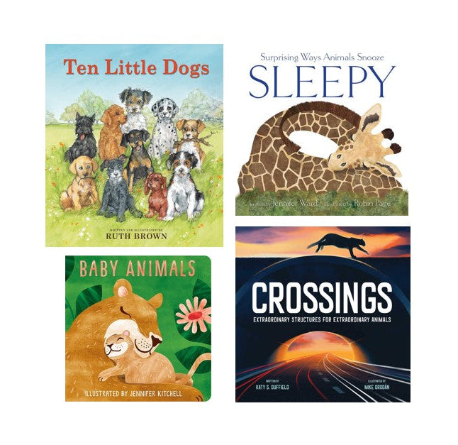 Four children's books arranged in a 2x2 grid: 'Ten Little Dogs' by Ruth Brown, 'Surprising Ways Animals Sleepy' by Kate Saffold, 'Baby Animals' by Jennifer Kittrell, and 'Crossings' by Kate Saffold and Mike O'Brien. The covers feature colorful animal illustrations and titles on a white background.