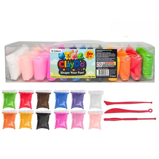 ClayDo 12-color clay kit in a clear plastic storage box with 12 small squeeze tubes of colored clay and two red sculpting tools, shown on a white background.