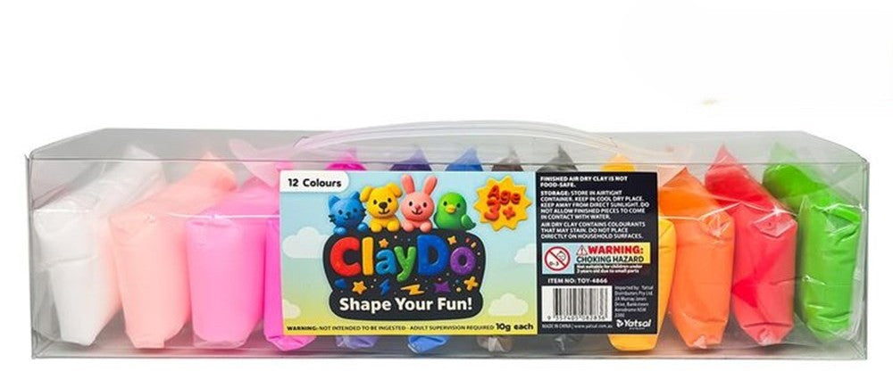 A 12-color set of Clay Do clay modeling compounds in a clear plastic package with a colorful front label, shown against a white background.