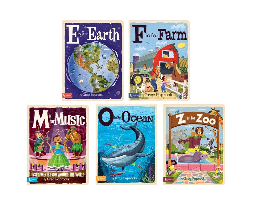 Five colorful children's educational books by Greg Poprodick titled 'E is for Earth', 'F is for Farm', 'M is for Music', 'O is for Ocean', and 'Z is for Zoo' arranged on a plain white background.