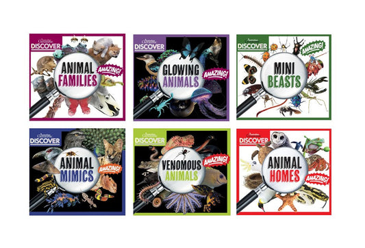 Six children's discovery books from Nature's Discovery shown in a 2x3 grid. The titles visible are Animal Families, Glowing Animals, Mini Beasts, Animal Mimics, Vendous Animals, and Animal Homes.