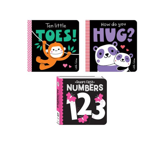 Three children's books with colorful covers featuring animals and numbers on a white background.