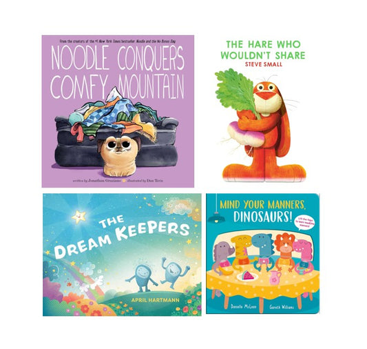 Four children's book covers arranged in a 2x2 grid on a white background: Noodle Conquers Comfy Mountain by Amelia Hernmann, The Hare Who Wouldn't Share by Steve Small, The Dream Keepers by April Hartmann, and Mind Your Manners, Dinosaurs! by James Pulslo and Sarah Wilson.