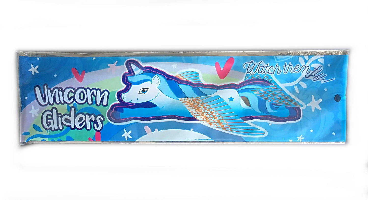 Pack of unicorn gliders with blue and white design on a white background