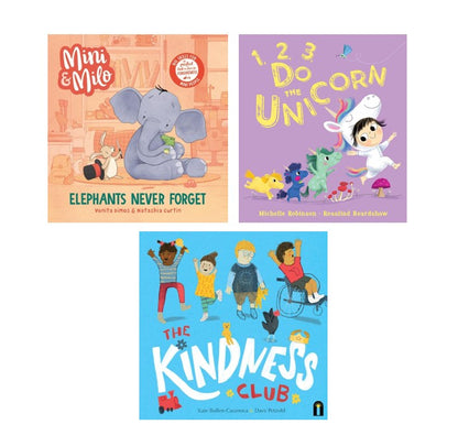 Three children's books arranged on a white background: 'Mini & Milo: Elephants Never Forget' with a gray elephant on an orange cover, '1, 2, 3 Do the Unicorn' with colorful unicorns on a lavender cover, and 'The Kindness Club' with illustrated children and a red train on a bright blue cover.