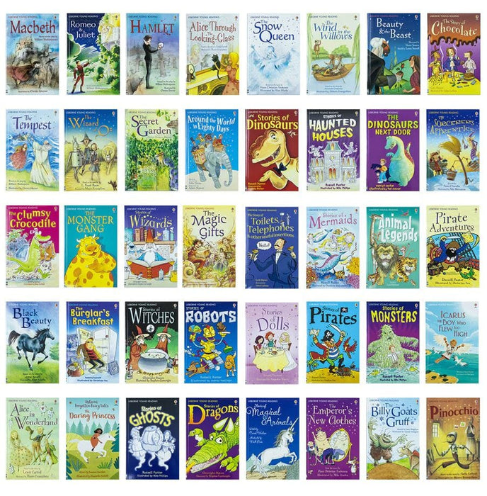 The Usborne Reading Collection 40 Book Set books displayed in a grid showing full range of titles