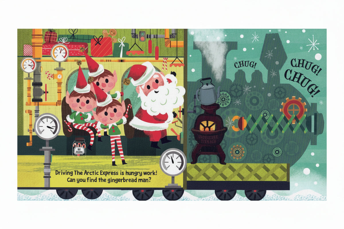 An open children's book spread showing a festive Christmas-themed illustration. The left page has a mint green background with white snowflakes and partial text.