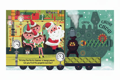 An open children's book spread showing a festive Christmas-themed illustration. The left page has a mint green background with white snowflakes and partial text.