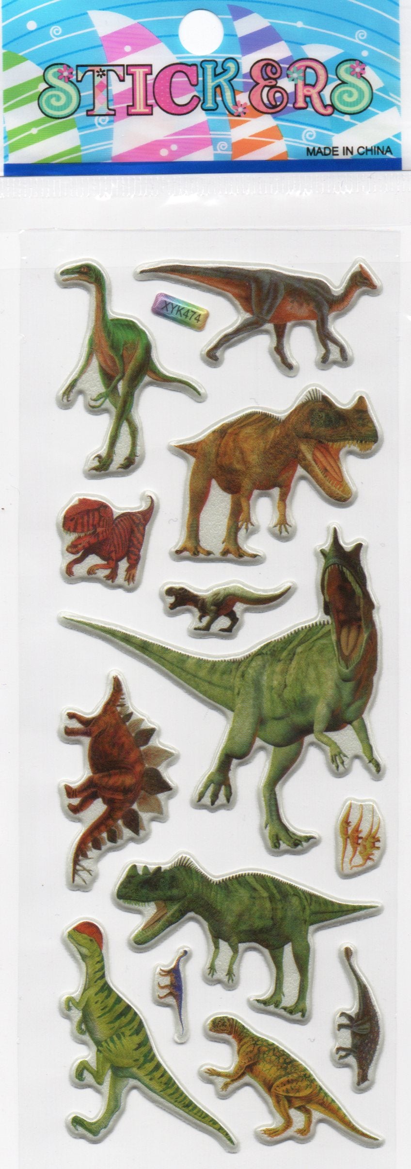 Sheet of dinosaur stickers with various designs on a colorful backing.