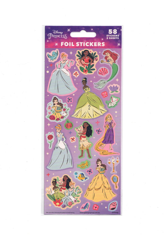 Pack of Disney Princess foil stickers with various princesses on a purple background