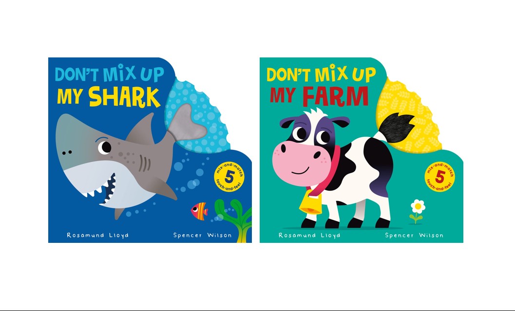 Two children's board books shown side by side on a white background: 'Don't Mix Up My Shark' with a gray shark on a blue cover, and 'Don't Mix Up My Farm' with a black-and-white cow on a teal cover.