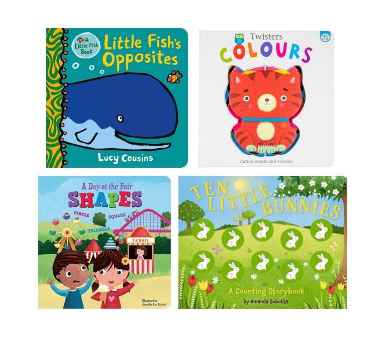 Four children's board books arranged in a 2x2 grid on a white background: 'Little Fish's Opposites' by Lucy Cousins, 'Twisters Colours' by Fiona Brown, 'A Day at the Fair Shapes' by Jessica Brookes, and 'Ten Little Bunnies' by Amanda Sobel.