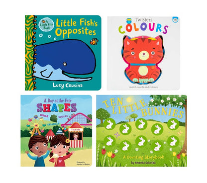 Four children's board books arranged in a 2x2 grid on a white background: 'Little Fish's Opposites' by Lucy Cousins, 'Twisters Colours' by Fiona Brown, 'A Day at the Fair Shapes' by Jessica Brookes, and 'Ten Little Bunnies' by Amanda Sobel.