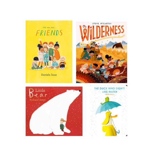 Four children's book covers arranged in a 2x2 grid on a white background: 'Friends' by Daniela Soa, 'The Wilderness' by Steve McCartty, 'Little Bear' by Richard Louie, and 'The Duck Who Didn't Like Water' by Jim Woodson.