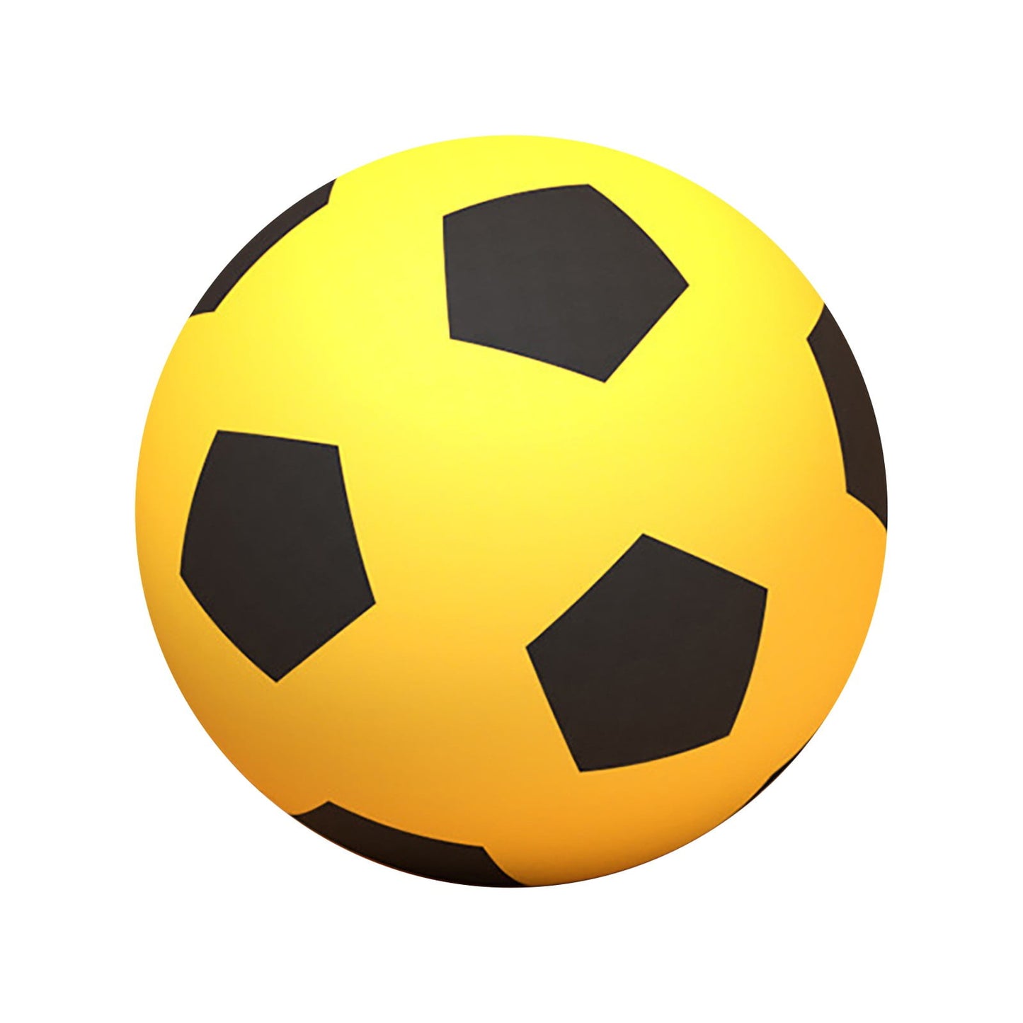 Yellow soccer ball with black pentagonal patterns on a white background