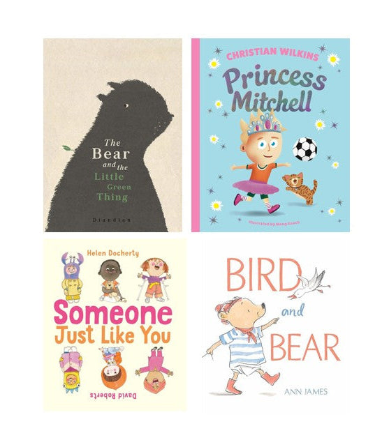 A 2x2 collage of children's book covers on a white background, including 'The Bear and the Little Green Thing' by Helen Docketty, 'Princess Mitchell' by Christian Wilkins, 'Someone Just Like You' by David Robertson, and 'Bird and Bear' by Ann James.