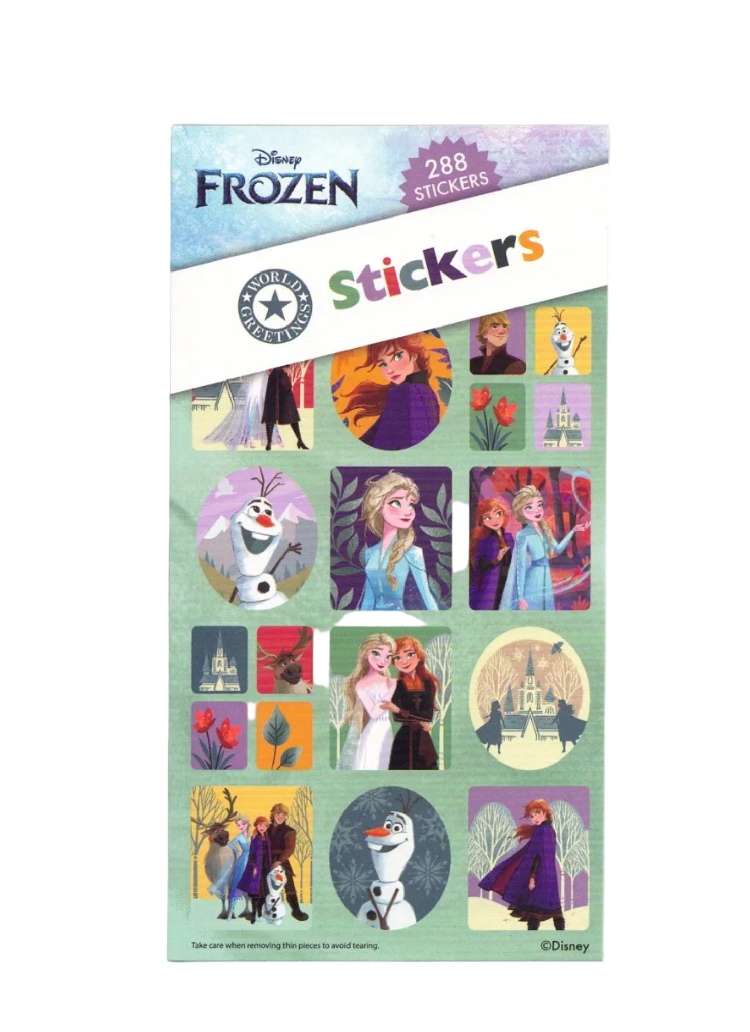 Pack of Disney Frozen stickers with character illustrations on a light gray background