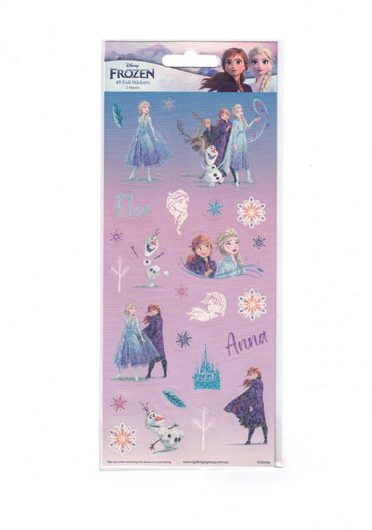 Pack of Frozen-themed stickers with characters on a purple background