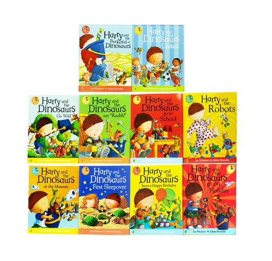 Set of children's books titled 'Harry and the Dinosaurs' on a white background