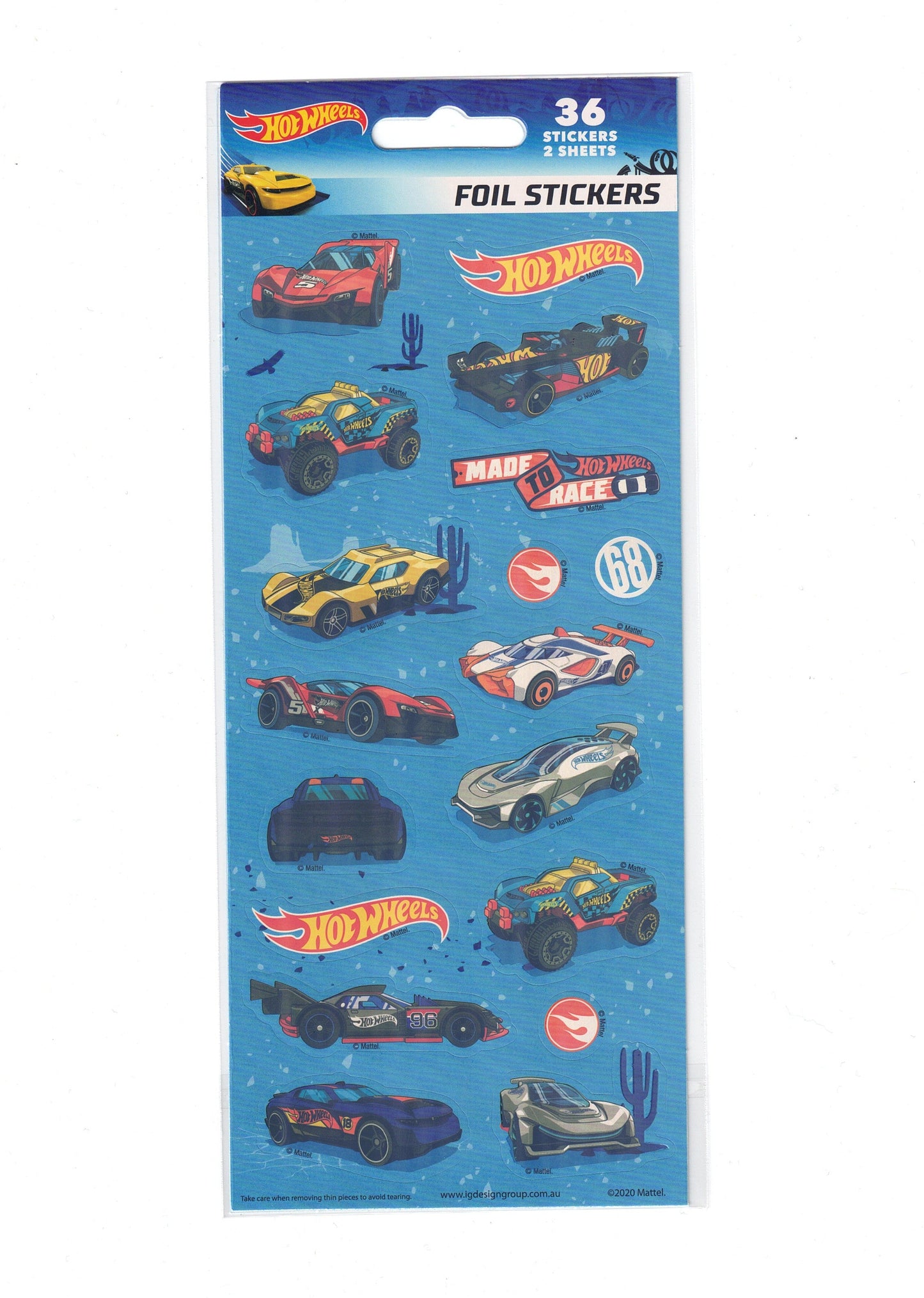 Hot Wheels foil stickers packaging with car illustrations on a blue background