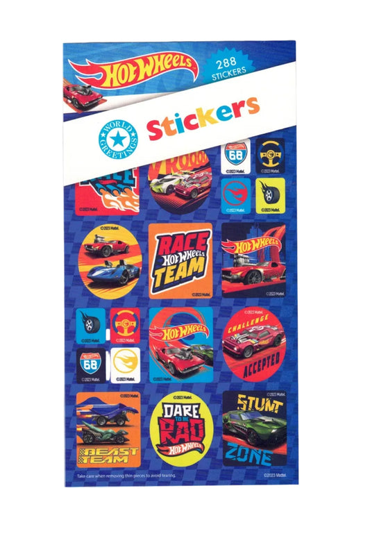 Hot Wheels stickers pack with various designs on a blue background