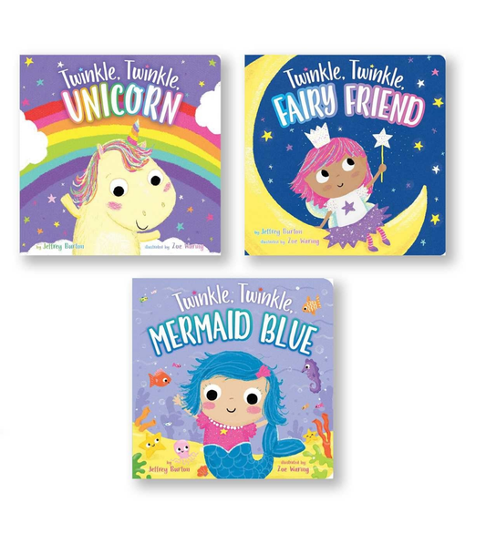 Three children's books titled 'Twinkle, Twinkle Unicorn', 'Twinkle, Twinkle Fairy Friend', and 'Twinkle, Twinkle Mermaid Blue' on a white background.