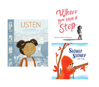 Two children's books shown on a white background: 'Listen' by Cynthia Layton and Stephanie Gorgon, featuring a girl with braids against a cityscape, and 'When You Take a Step' by Bethanie Drency Margusia, with pink handwritten-style title text and an illustration of a child stepping. Below that is 'Slowly Slowly' by Toni Ulyss, showing an orange animal on a branch.