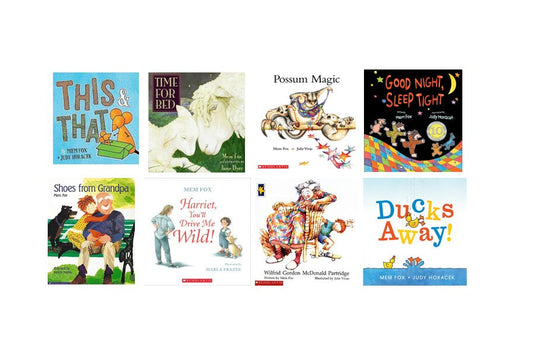 A set of eight children's picture book covers arranged in a 2x4 grid on a white background. The books include titles such as 'This & That!', 'Time for Bed', 'Possum Magic', 'Good Night, Sleep Tight', 'Shoes from Grandma', 'Hurried, You'll Drive Me Wild!', 'Ducks Away!', and 'Mad for a Good Book'.