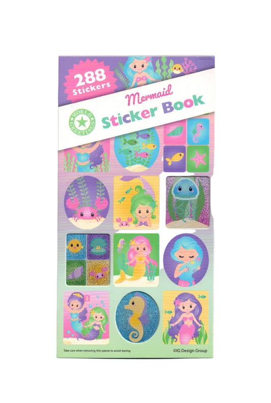 Mermaid sticker book with colorful designs on a gray background